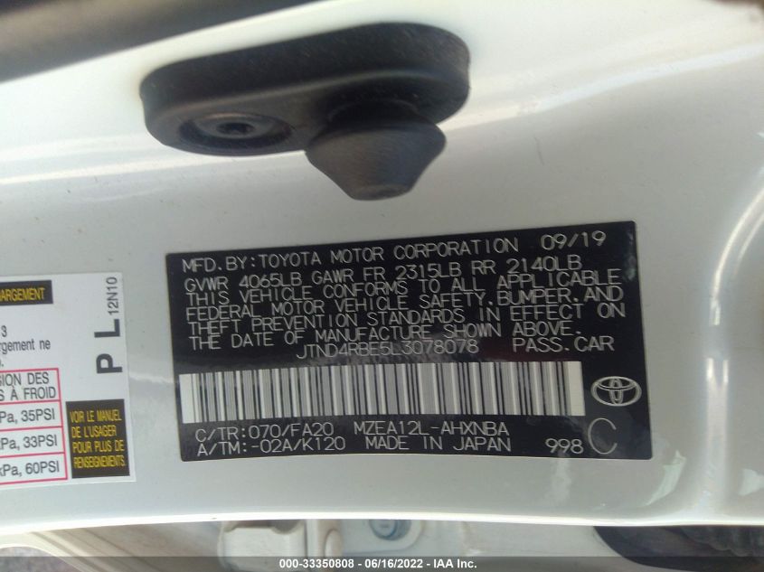 2020 TOYOTA COROLLA HATCHBACK SE/XSE/NIGHTSHADE JTND4RBE5L3078078
