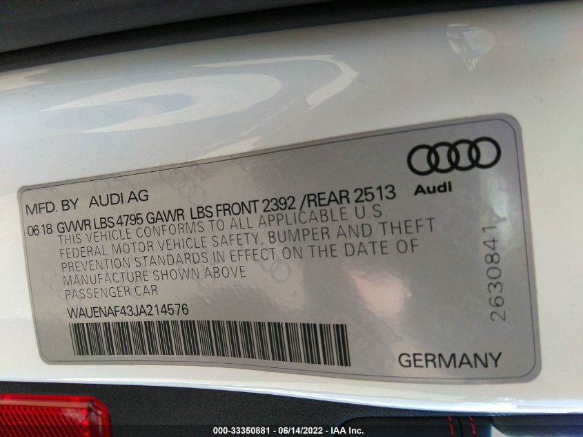 2018 AUDI A4 PREMIUM PLUS WAUENAF43JA214576