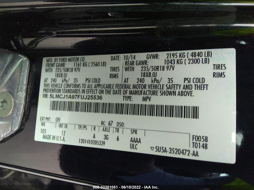 2015 LINCOLN MKC 5LMCJ1A97FUJ25536