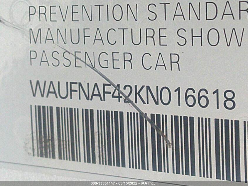 2019 AUDI A4 PRESTIGE WAUFNAF42KN016618
