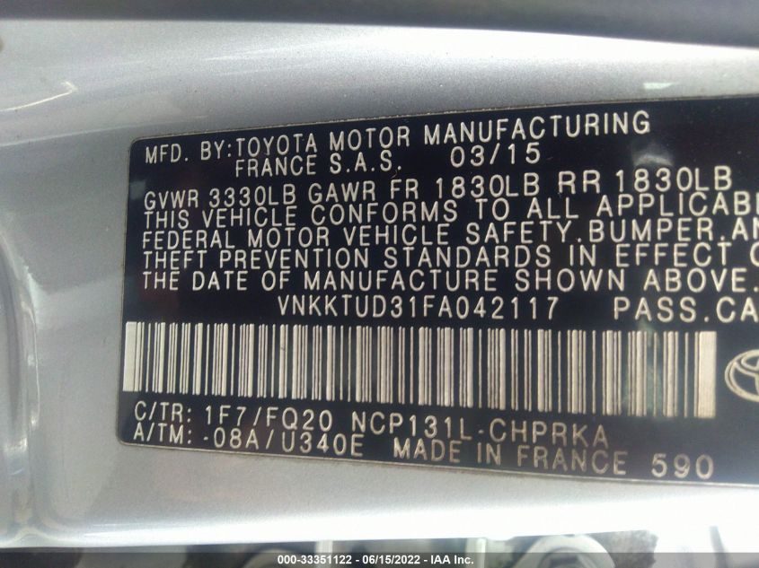 2015 TOYOTA YARIS VNKKTUD31FA042117