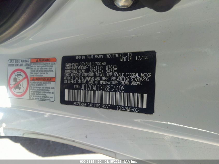 2015 SUBARU BRZ LIMITED JF1ZCAC13F8604408