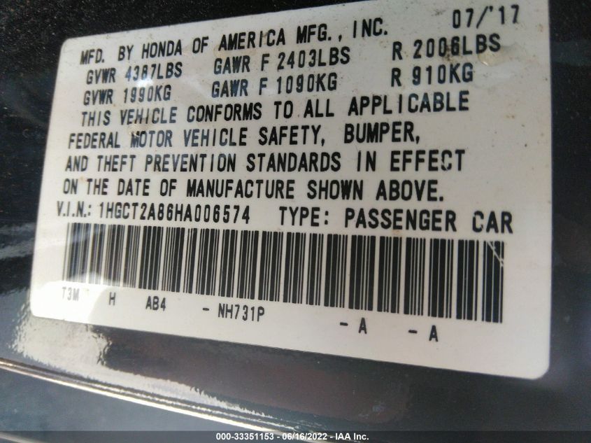 2017 HONDA ACCORD COUPE EX-L V6 1HGCT2A86HA006574