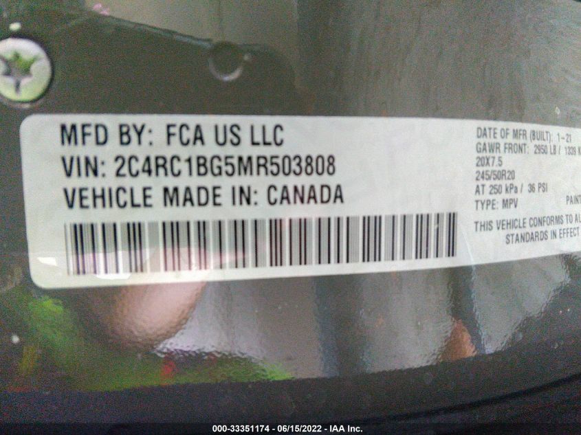 2021 CHRYSLER PACIFICA TOURING L 2C4RC1BG5MR503808