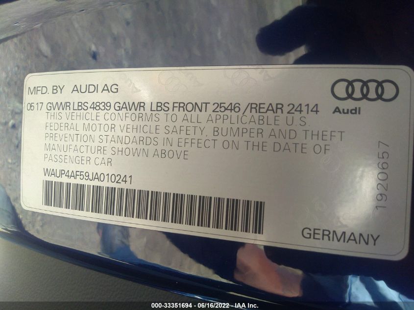 2018 AUDI S5 COUPE PREMIUM PLUS WAUP4AF59JA010241
