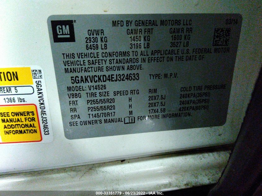 2014 BUICK ENCLAVE 5GAKVCKD4EJ324633