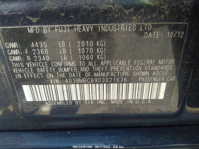 2013 SUBARU LEGACY 2.5I PREMIUM 4S3BMBC69D3021636