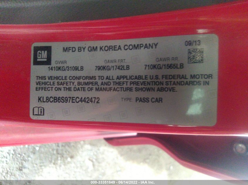 2014 CHEVROLET SPARK LS KL8CB6S97EC442472