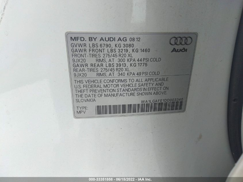 2013 AUDI Q7 3.0T PREMIUM PLUS WA1LGAFE1DD003340