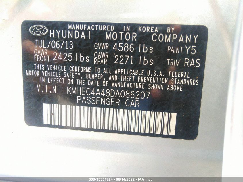 2013 HYUNDAI SONATA HYBRID KMHEC4A48DA086207