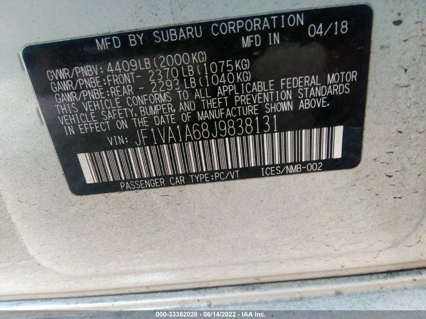 2018 SUBARU WRX JF1VA1A68J9838131