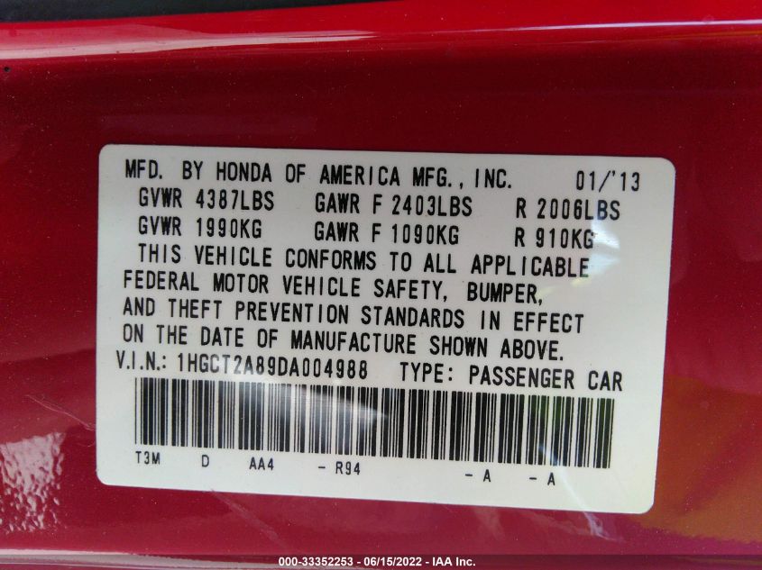 2013 HONDA ACCORD CPE EX-L 1HGCT2A89DA004988