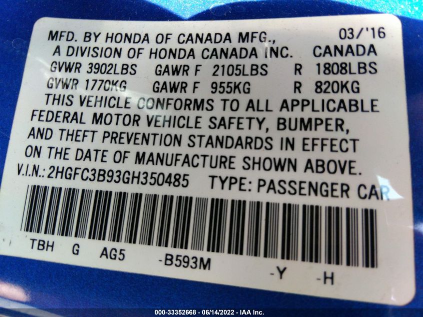 2016 HONDA CIVIC COUPE TOURING 2HGFC3B93GH350485