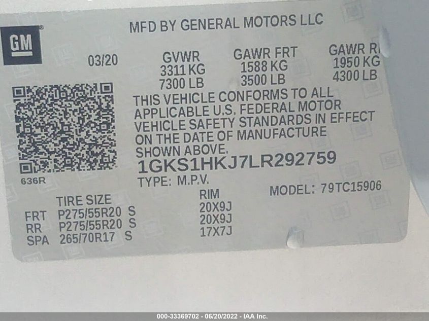 2020 GMC YUKON XL DENALI 1GKS1HKJ7LR292759