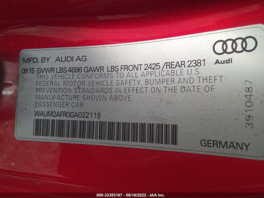 2016 AUDI A5 PREMIUM PLUS WAUM2AFR0GA022119