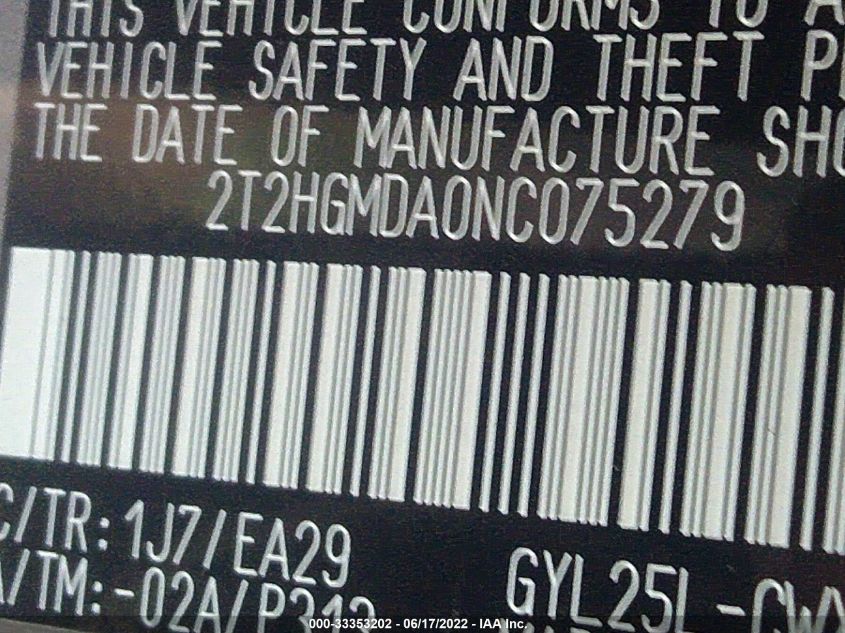 2022 LEXUS RX RX 450H 2T2HGMDA0NC075279