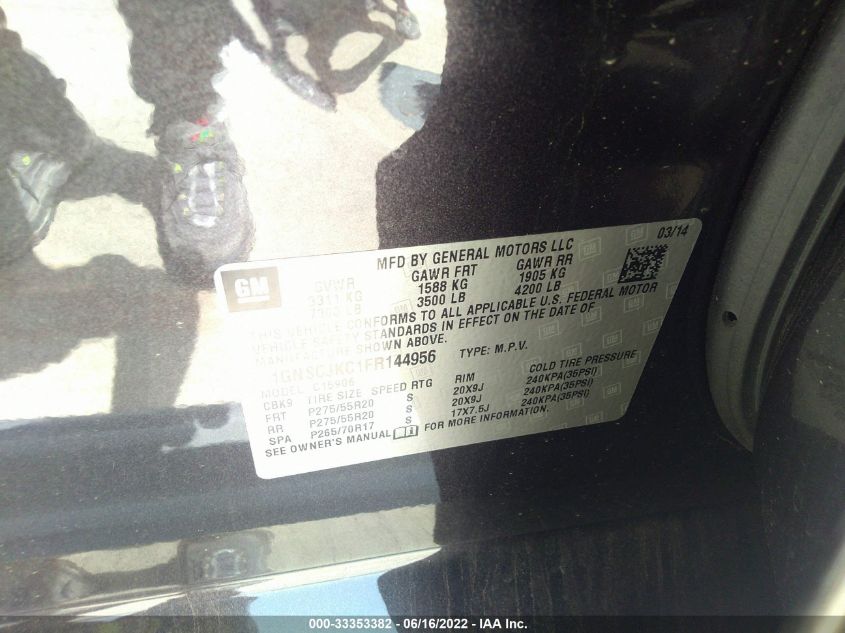 2015 CHEVROLET SUBURBAN LT 1GNSCJKC1FR144956