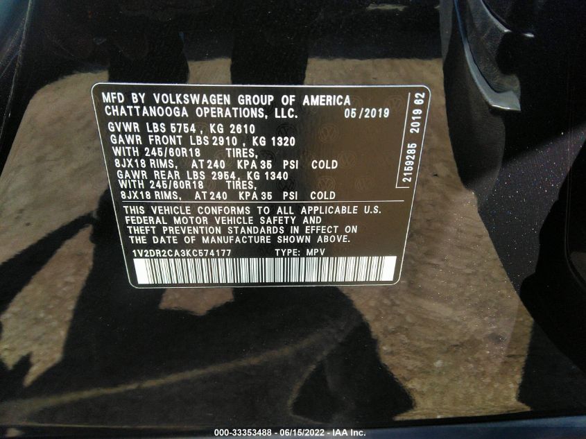 2019 VOLKSWAGEN ATLAS 3.6L V6 SE 1V2DR2CA3KC574177