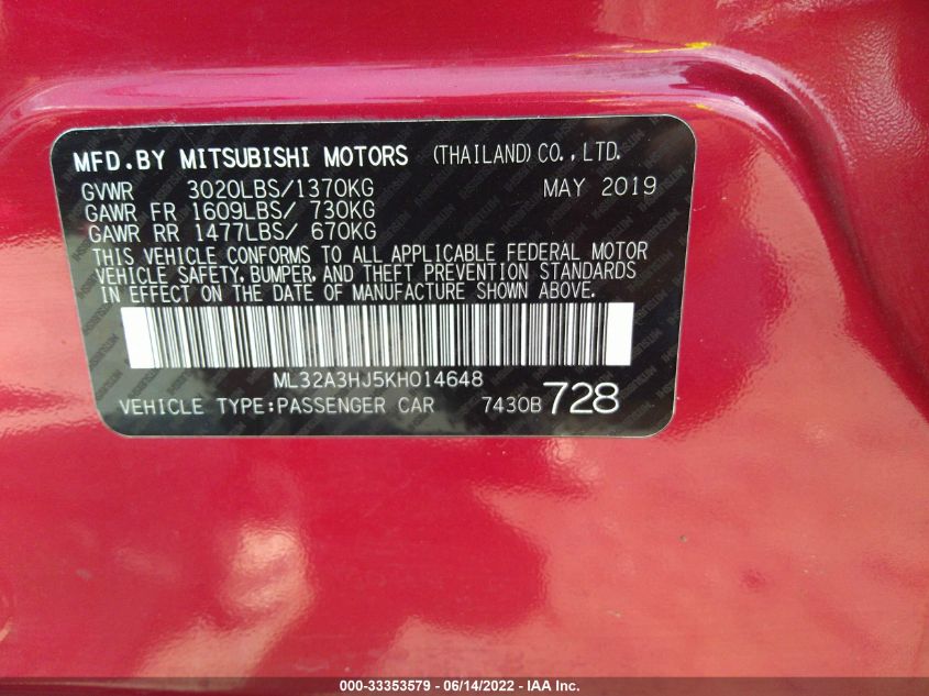 2019 MITSUBISHI MIRAGE ES/RF ML32A3HJ5KH014648