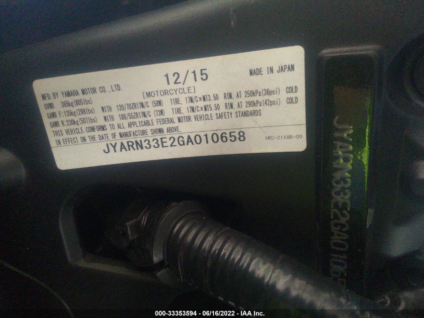 2016 YAMAHA FZ09 JYARN33E2GA010658