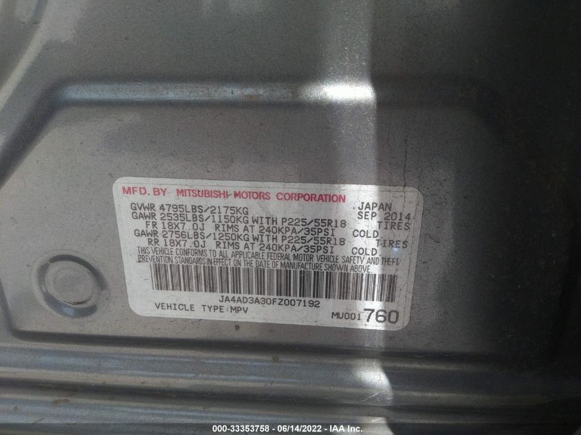 2015 MITSUBISHI OUTLANDER SE JA4AD3A30FZ007192