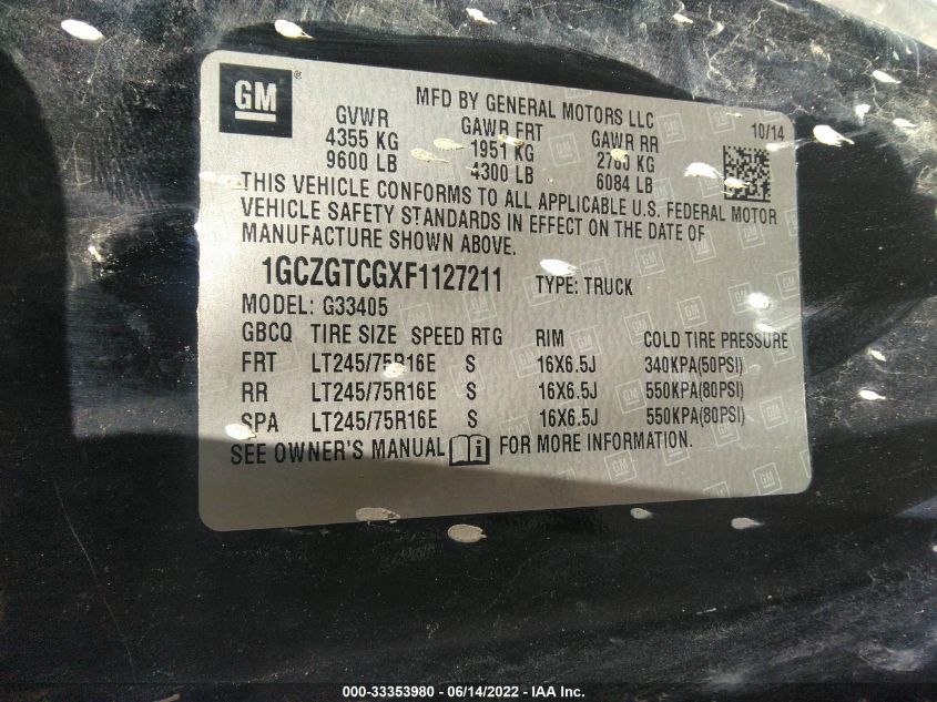 2015 CHEVROLET EXPRESS CARGO VAN 1GCZGTCGXF1127211