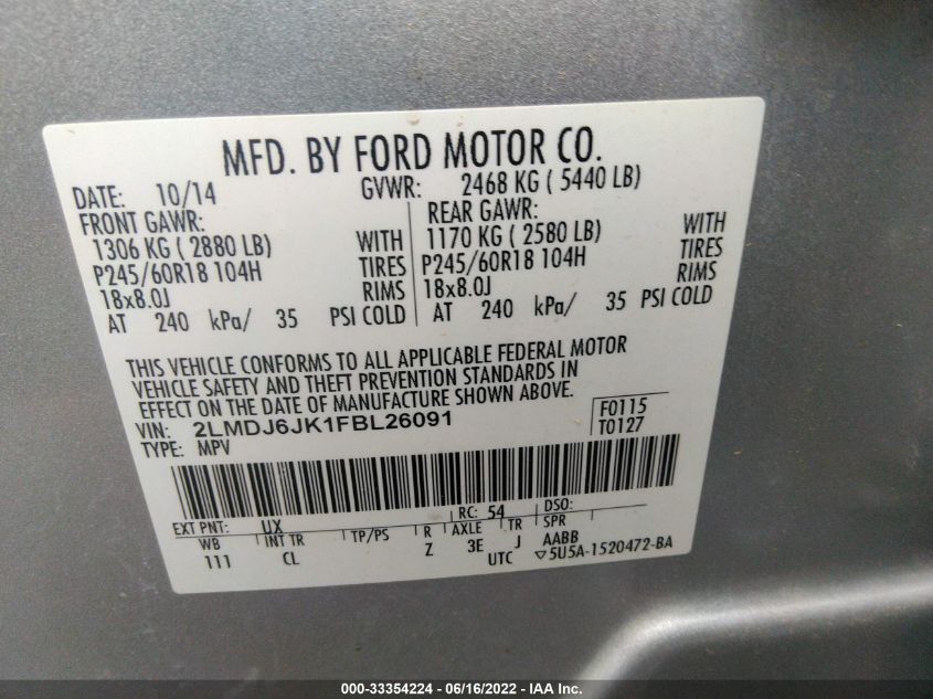2015 LINCOLN MKX 2LMDJ6JK1FBL26091