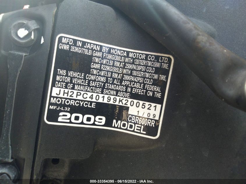 2009 HONDA CBR600 RR JH2PC40199K200521