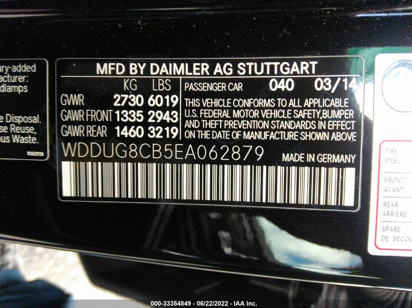 2014 MERCEDES-BENZ S-CLASS S 550 WDDUG8CB5EA062879