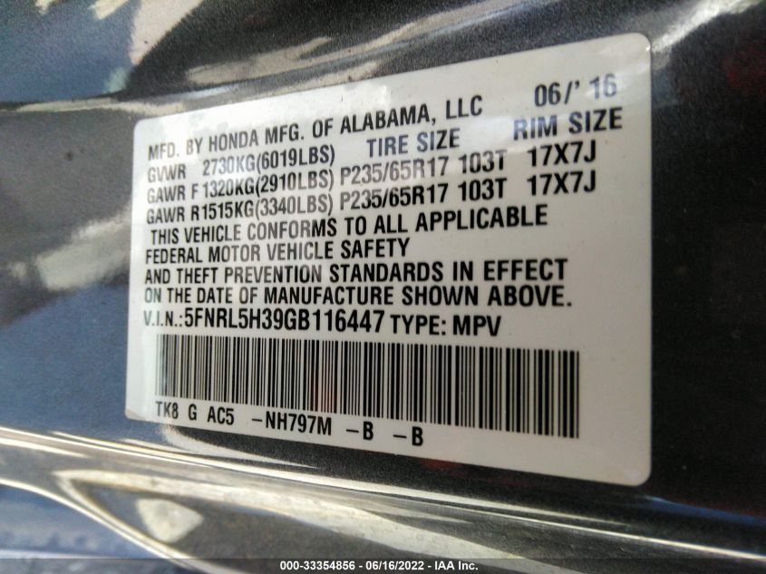 2016 HONDA ODYSSEY SE 5FNRL5H39GB116447