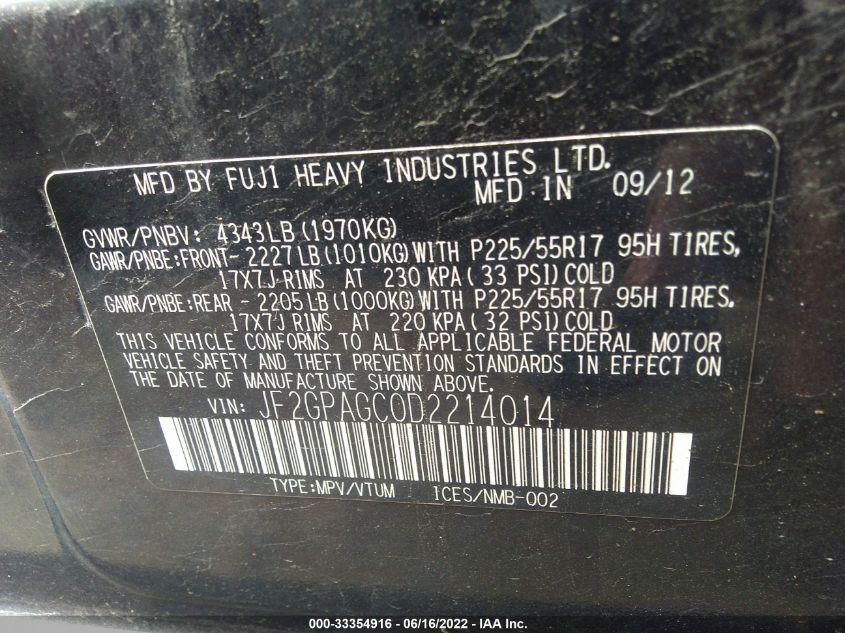 2013 SUBARU XV CROSSTREK LIMITED JF2GPAGC0D2214014