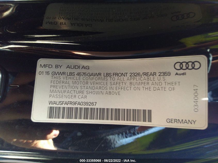 2015 AUDI A5 PREMIUM PLUS WAUSFAFR9FA039267