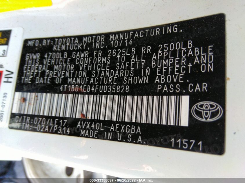 2015 TOYOTA AVALON HYBRID XLE TOURING/LIMITED 4T1BD1EB4FU035828