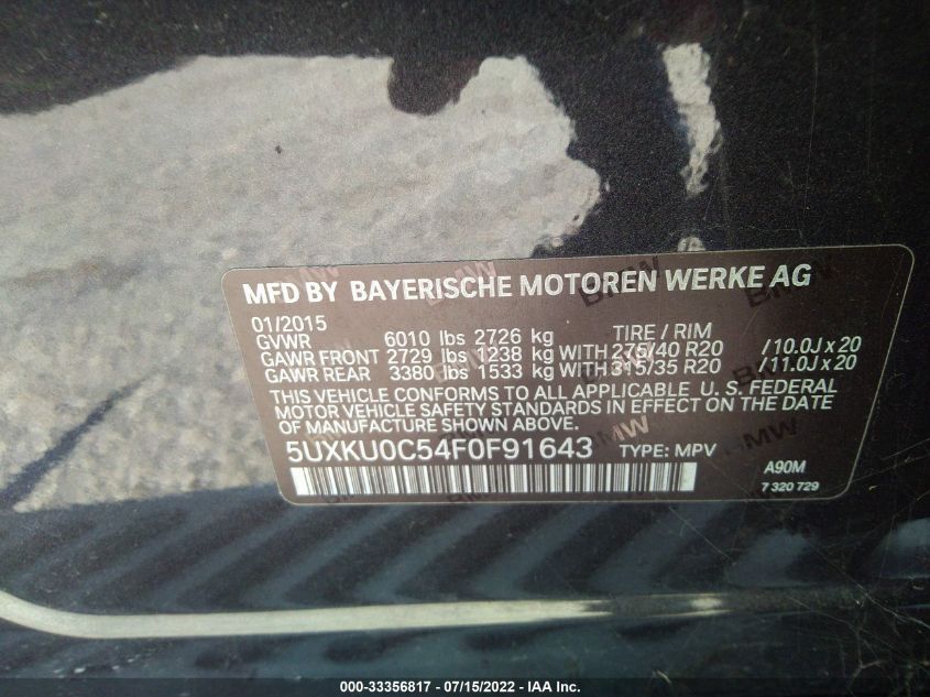 2015 BMW X6 SDRIVE35I 5UXKU0C54F0F91643
