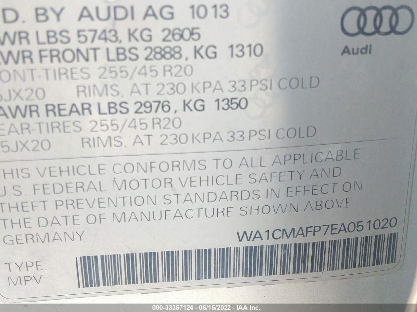2014 AUDI Q5 PREMIUM PLUS WA1CMAFP7EA051020