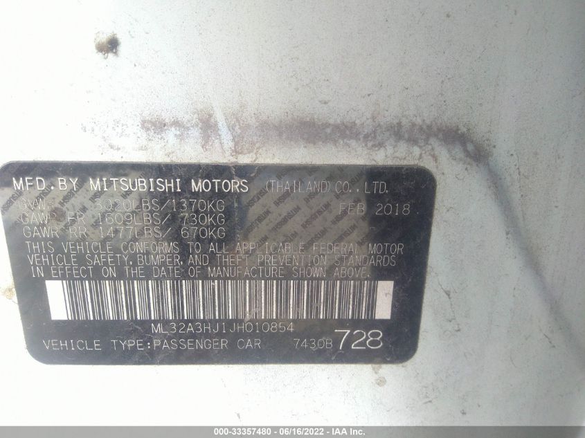2018 MITSUBISHI MIRAGE ES ML32A3HJ1JH010854