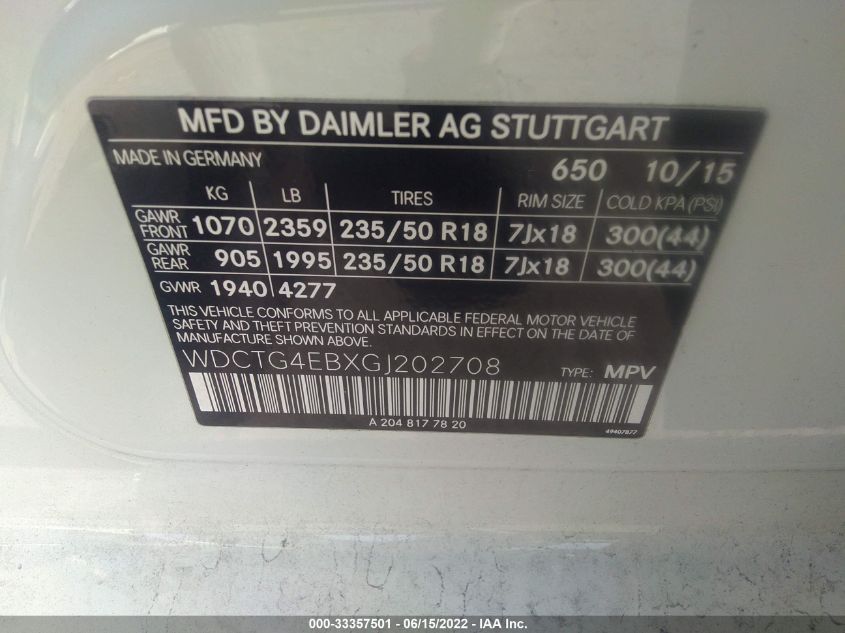 2016 MERCEDES-BENZ GLA GLA 250 WDCTG4EBXGJ202708