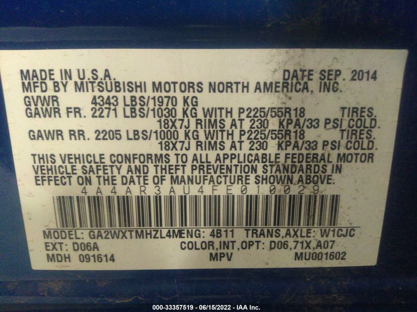 2015 MITSUBISHI OUTLANDER SPORT ES 4A4AR3AU4FE010029