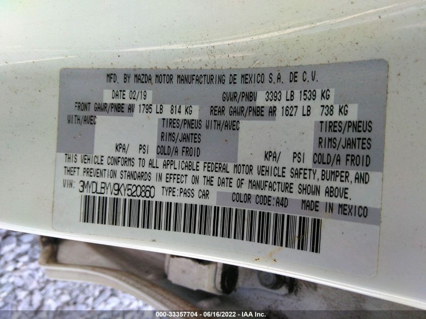 2019 TOYOTA YARIS SEDAN L/LE/XLE 3MYDLBYV9KY520860