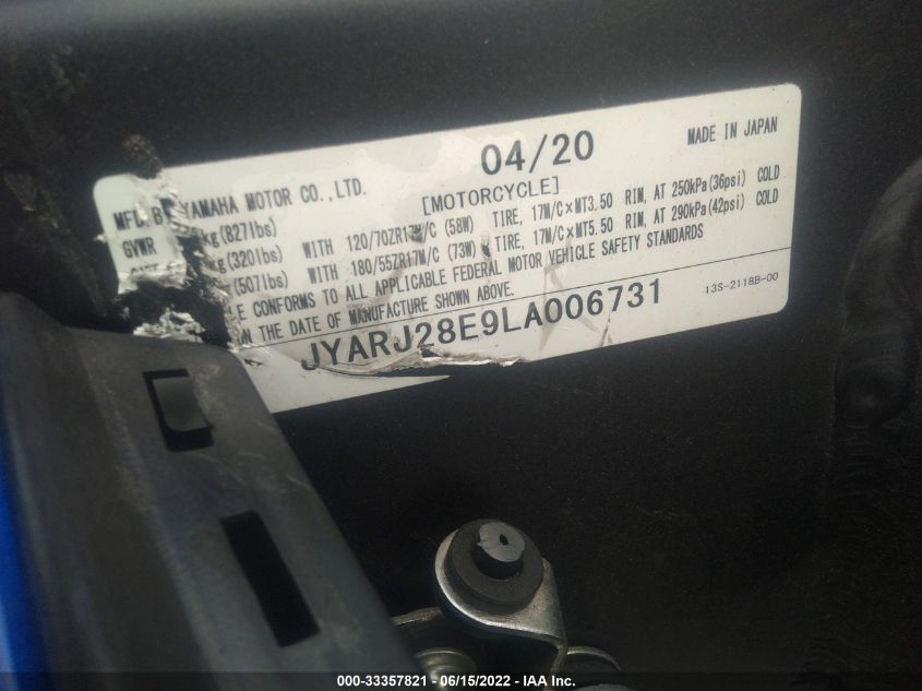 2020 YAMAHA YZFR6 JYARJ28E9LA006731