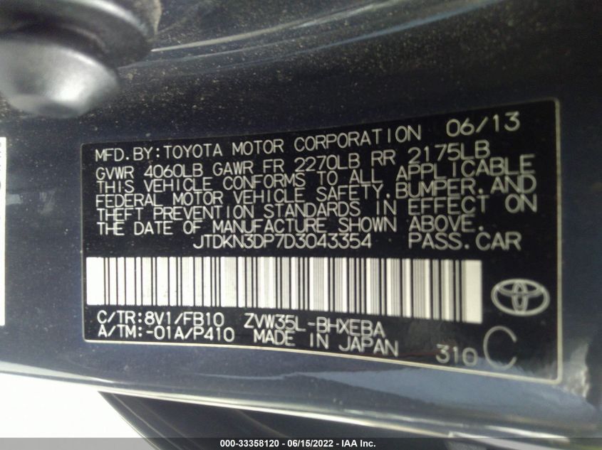 2013 TOYOTA PRIUS PLUG-IN JTDKN3DP7D3043354
