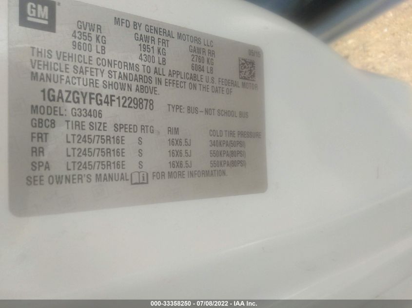 2015 CHEVROLET EXPRESS PASSENGER LT 1GAZGYFG4F1229878