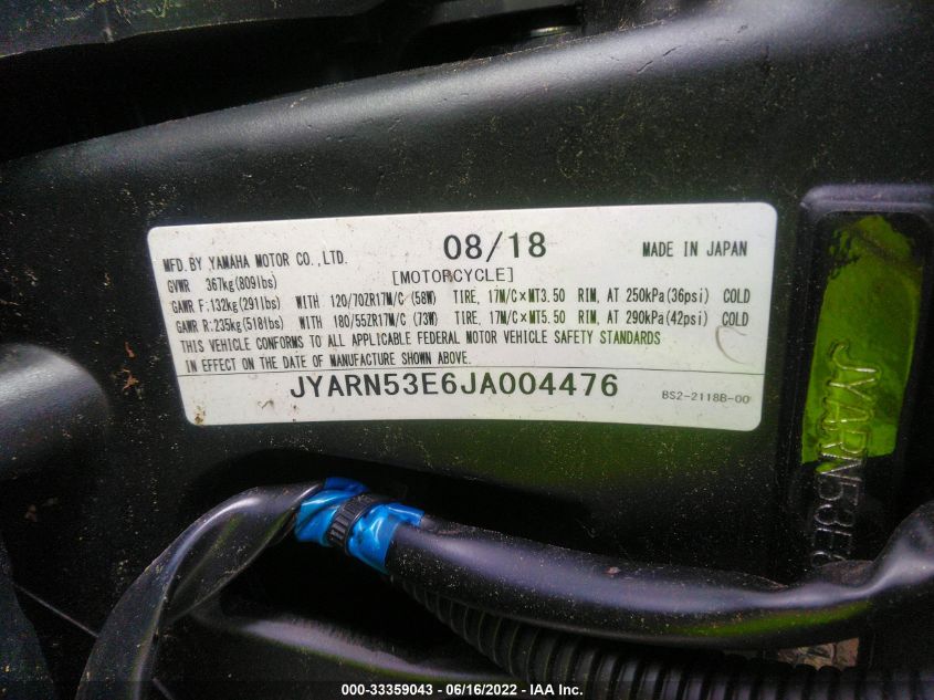 2018 YAMAHA MT09 JYARN53E6JA004476