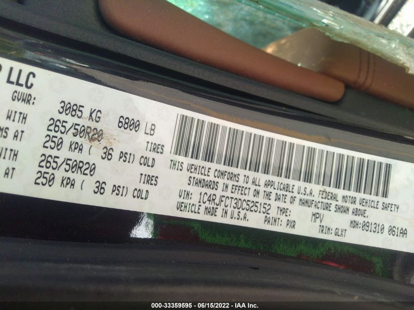 2013 JEEP GRAND CHEROKEE OVERLAND 1C4RJFCT3DC525152