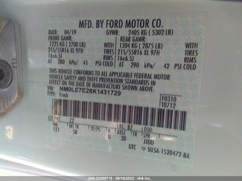 2019 FORD TRANSIT CONNECT VAN XL NM0LE7E28K1431729