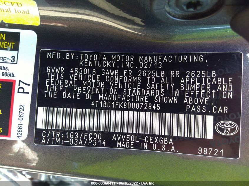 2013 TOYOTA CAMRY HYBRID XLE 4T1BD1FK8DU072845