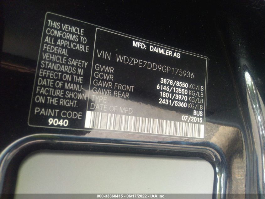 2016 MERCEDES-BENZ SPRINTER PASSENGER VANS WDZPE7DD9GP175936