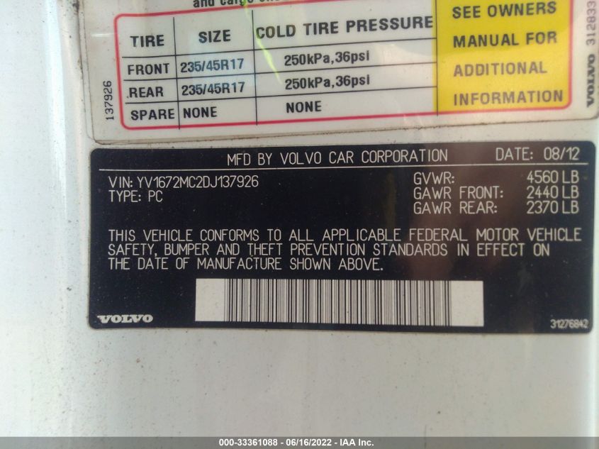 2013 VOLVO C70 T5 YV1672MC2DJ137926