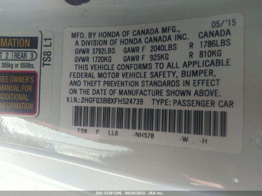 2015 HONDA CIVIC COUPE EX 2HGFG3B8XFH524739