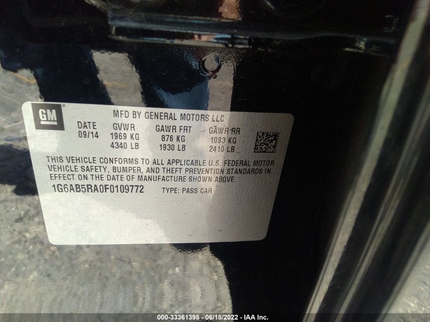 2015 CADILLAC ATS SEDAN LUXURY RWD 1G6AB5RA0F0109772